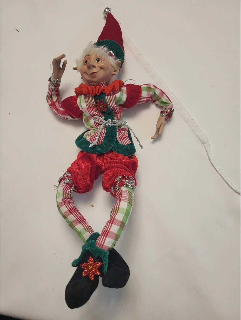 Festive Elf Doll with Plaid Outfit and Velvet Accents 20x8 see finger